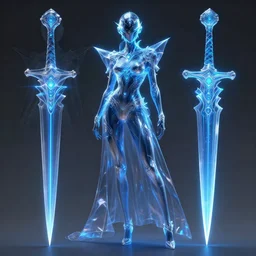 a full body character design by artgerm, greg rutkowski and alphonse mucha. sci - fi dagger. laser and fluorescent blue translucent plastic tape project show attctive showgirl!! sci - fi helmet!! sharp edges. contour light effect!!. ultra detailed, elegant, intricate, octane render.