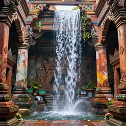 ancient temple ruins interior, waterfall, intricate, elegant, vivid colors, highly detailed, john park, craig mullins, sparth, ruan jia, jeffrey catherine jones