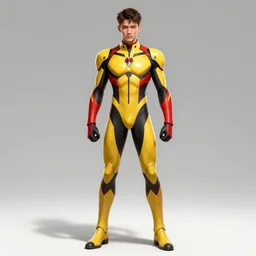 a full body portrait of a hero concept he is wearing a yellow, red and black suit, concept art, trending on artstation, very detailed,