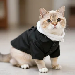 an cat wearing a black buttoned jacket with a white scarf