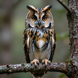 beautiful hyperrealist highly detailed cinematic lighting nature photograph of a long eared owl on a tree branch, symmetrical full body, beautiful high contrast woodcut, moebius and charles burns comic style, shocking detail trending on artstation 8 k