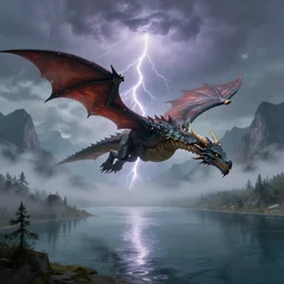 dragon flying over a lake, fog, lightning, mountains in background, detailed digital painting, dungeons and dragons, trending artstation