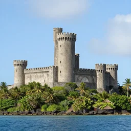 award winning photo of an medieval castle on a tropic island, 4 k, 5 0 mm