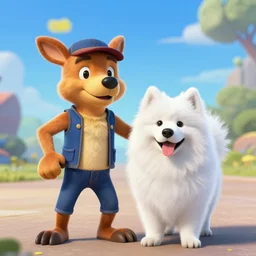 crash bandicoot, but with a white samoyed dog