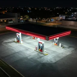 miami empty gas station background by simon stalenhag, dark lighting, sharp focus, digital art, 4 k, octane, high contrast, drone view