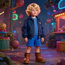 colorful and festive captivating young boy with wavy blonde hair, navy blue jacket and blue shorts, with big brown boots. rich vivid colors, ambient lighting, dynamic lighting, 4 k, atmospheric lighting, painted, intricate, highly detailed by charlie bowater