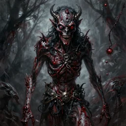 Haunting horrifying hyperrealistic detailed painting of a tall slim flesh demon covered in thick black blood, heavy metal, disgusting, creepy, unsettling, and bloodshot eyeballs, hyper detailed, trending on Artstation