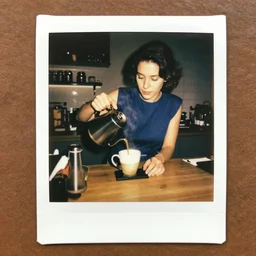 a woman making coffee, flash polaroid photo by george hurrell,