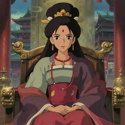 a portrait of a anime ghibli style african princess of china and japan, at the throne room, soft light, finely detailed features, perfect art, at an ancient city, gapmoe yandere grimdark, trending on pixiv fanbox, painted by greg rutkowski makoto shinkai takashi takeuchi studio ghibli, akihiko yoshida