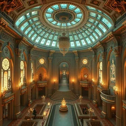 sleek solarpunk palace interior, neo - rococo, extreme opulence, utopia, volumetric light, cinematic, futuristic, imagined by simon bizley, albert bierstadt, herbert james draper, arnold bocklin, caspar david friedrich, sir lawrence, alma tadema, karl heilmayer, aerial view