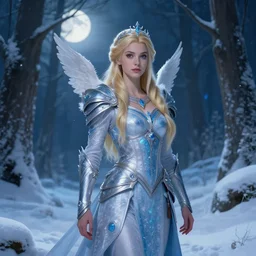 pretty, beautiful, blonde, angelic, warrior ice princess standing in moonlit forest, snow covered ground, DnD character art, matte fantasy painting, DeviantArt Artstation, high resolution