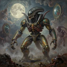 concept art of giant alien robot, cel shading, sharp details, renaissance, roaring, melting horror, round moon, rich clouds, fighting the horrors of the unknown, mirrors, very detailed, volumetric light, mist, grim, fine art, decaying, textured oil over canvas, epic fantasy art, very colorful, ornate scales, anato finnstark
