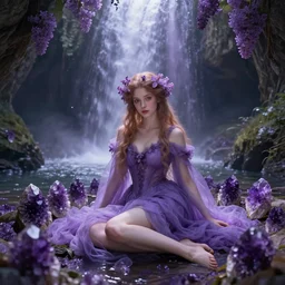 a cinematic portrait of a romantic pre - raphaelite purple styled fairy surrounded by amethysts, sitting in a mystical waterfall cave, lilac sunrays, matte painting, highly detailed, 8 k