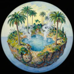 gediminas pranckevicius fish eye view of detailed portrait of floating miniature geotermal spring oasis planet, intricate complexity, by greg rutkowski, ross tran, conrad roset, takato yomamoto, ilya kuvshinov palm trees, small lake, birds, rocks, painting by lucian freud and mark brooks, bruce pennington, bright