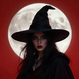 close up portrait of a dark witch in front of the full big moon, red background, .eps, .ai