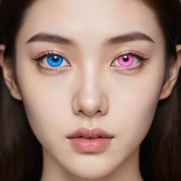 portrait of an attractive woman, one eye is blue and the other eye is pink, blue and pink eyes, different eye colors | symmetrical face, exif, hyperrealism, digital | trending on artstation, featured on arstation, cgsociety | by wlop & artgerm