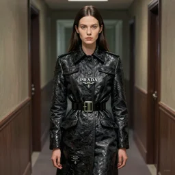 woman wearing clothes designed by prada, hallway, extreme fine detail background, night, highly detailed, high quality, digital painting, hyperrealistic, by bill henson