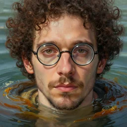 closeup portrait of a man with curly hair and round glasses and a goatee swimming in toxic waste, by anna dittmann and ilya kuvshinov, nikolay makovsky, fantasy, high detail, elegant, digital painting, wlop, natural light, vibrant, intricate, textured skin, highly detailed, artstation, sharp, focus, illustration, nikolay makovsky