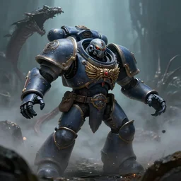 a space marine battling against an eldritch abomination, high detail, soft light, warhammer, cinematic, high resolution, concept art, dark atmosphere, fog, trending, stunning shot