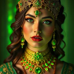 photo of wonderful princess of emerald with fair skin, glowing, ornate and intricate green jewelry, jaw dropping beauty, eyepopping colors, dynamic lighting, glowing background lighting, green accent lighting, intricate and detailed, award winning photography, 4 k octane render