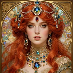 a highly detailed beautiful red haired woman, adorned with precious stones, intricate by jeremy mann and alphonse mucha, 8 k resolution, trending on artstation, very very detailed, masterpiece, stunning,