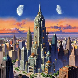 concept art image of an intricate detailed dmt skyscraper amidst a futuristic city against a fantastic colorful sky with a couple moons, by sid mead, by anton fadeev, by denise scott brown, by studio ghibli, anime cell shaded
