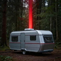 a metal camper in a forest clearing, red pillar of light in background
