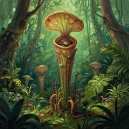 a highly detailed marc simonetti illustration of a carnivorous plant in a lush tropical forest