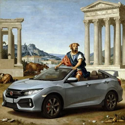a dog riding a Honda civic in ancient Rome, renaissance art