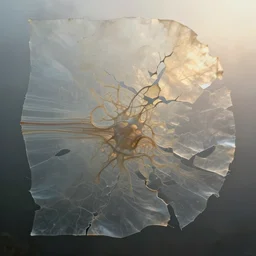 7 0 mm photograph of vellum and mesoglea - translucent layers ambiently occluding and striating, forming a detailed sculptural recreation of the intricate mechanics from roger dean's paintings emerging from the mist, cracking into smooth floating pieces dappled in polarized sunrise light, cinematic, 8 k