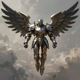 big muscular woman, wearing full plate armor, with large mecha wings, flying into the sky, matte painting, brutalist painting, Anthem game, battle angel, single character full body, 4k, illustration, concept art, rule of thirds, centered, transformers animated