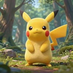 a magical pikachu with fur in a forest, digital art, wide shot, highly detailed, hyperrealistic, photorealistic, unreal engine 5, very detailed,  made by a professional 3d artist, dynamic lighting, trending on artstation, 4k uhd, epic composition, masterpiece