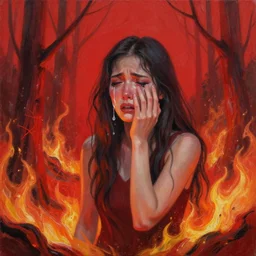 crying woman in burning red forest painted by acrilic paint 4 k, digital art, overdetailed art, concept art, complementing colors,