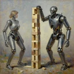 artist building tower together with mechanical golem, oil painting, by ilya sipyagin