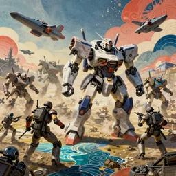 An ultra high-resolution 8K full-canvas scan of a battlefield filled mechs and spaceships, fine art, trending, featured, 8k, photorealistic, dynamic, energetic, lively perspective, well-designed masterpiece, hyper detailed, unreal engine 5, IMAX quality, cinematic, epic lighting, light and shadow, ocean caustics, digital painting overlaid with aizome patterns, by Ohara Koson and Thomas Kinkade, traditional Japanese colors, superior quality