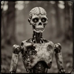 “Early 1900s daguerreotype, robot zombie in the forest with exposed brain, hyper realistic, by Steven Rhodes, shallow depth of field, sepia, eerie, macabre, scratches and burns on film, horror, cinematic, photorealistic, highly detailed”