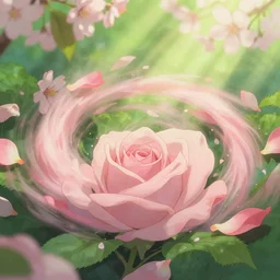 closeup a swirl of rose petals and sakura flowers and green leaves, in gentle green dawn light, air background, eyvind earle, studio ghibli painting, cinematic lighting, volumetric lighting, smooth, sharp focus, highly detailed, render in unreal engine 5, artstation, deviantart, behance, trending, epic composition, octane, light rays, award - winning