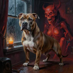 a photorealistic highly detailed painting of pitbull mr 3 0 5 in hell next to a cozy rainy window by johfra bosschart, lisa frank, kinkade, visionary art, dark fantasy art, high detail, trending on artstation
