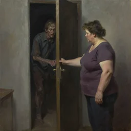 dark oil realistic painting a fat middle age woman opening door for a gaunt man