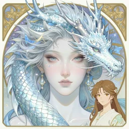 a 12x(very) much detailed face portrait of an otherworldly fairy tale Snow Dragon Queen with glistening scales for skin by Alphonse Mucha, Ayami Kojima, Amano, Charlie Bowater, Karol Bak, Greg Hildebrandt, Jean Delville, and Mark Brooks, Art Nouveau, Neo-Gothic, gothic, rich deep moody colors