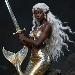 a fantast beauty detailed elf with mermaid tail candice swanepoel with black skin, with a curved sword, platinum white wavy long hair, white headband in the front with diamonds, jewelry body armor in golden and silver colors, pointy ears, detailed, epic masterpiece of cinematographic hyperrealism, realistic shaded lighting poster by craig mallismo, artgerm, jeremy lipkin and michael