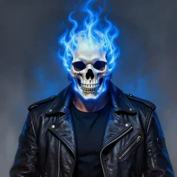 an epic portrait painting of a man wearing a leather jacket ghost rider ghostrider with a flaming skull for a head, blue flames, digital art, artstation, cgsociety