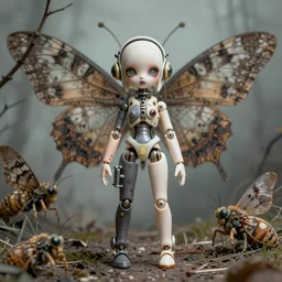 portrait of a beautiful jointed art doll, super dollfie, bjd, biopunk, solarpunk, dystopian, abandoned, giant moths, surreal, simon stalenhag
