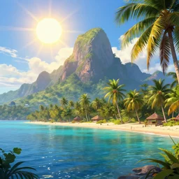 peaceful tropical island with mountains, zenith sun, bright colours, hyper detailed, beautiful, calm, by da vinci and botticelli and bob ross and bierstadt and remington