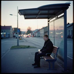 a lomographic photo of russian lone man sitting in bus station at early evening in small town, cinestill, bokeh