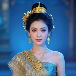 portrait of a cute kawaii thai woman wearing traditional thai accessories makuta and clothes by greg rutkowski, by studio ghibli, digital art, blue lighting trending on artstation, hd, 8 k, highly detailed, good lighting, beautiful, epic, masterpiece