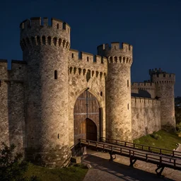 medieval iron fortress at night with stone architecture, massive wood and metal gates, tower keep, drawbridge, epic atmosphere by greg rutkowski, artstation and ian miller, extremely hyperdetailed, intricate construction, ramparts, bulwarks, fortress, uhd