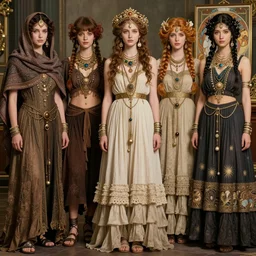 fashion and hairstyles from the show reign, shawl, scarf, robes, loincloth, dress, layered skirts, copious jewelry, art by artgerm and greg rutkowski and alphonse mucha and ruan jia, high detailed,