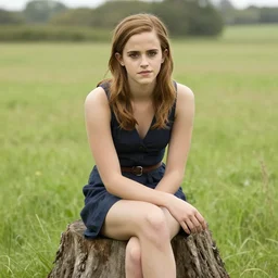 half portrait of emma watson sitting on a tree stump in a field