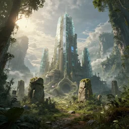 a beautiful hyperdetailed render of megalith building abandoned urbex city nature by canaletto, tron made of glass universe postcyberpunk steampunk dramatic lighting forest morning sun futuristic tundra fantasy cgsociety fisheye rainforest nature landscape sci - fi, archdaily, wallpaper, highly detailed, trending on artstation.